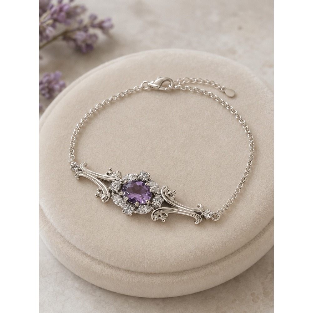 Art Nouveau Style Silver Tone Purple Amethyst Crystal Accent Chain Bracelet 8in